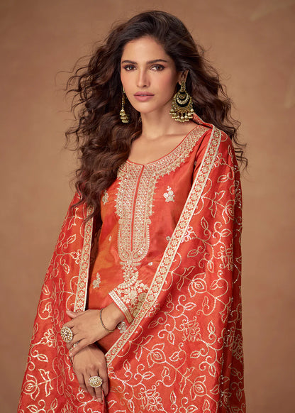 Rust Orange Simar Silk Palazzo Suit with Reshamkari Embroidery For Punjabi Weddings