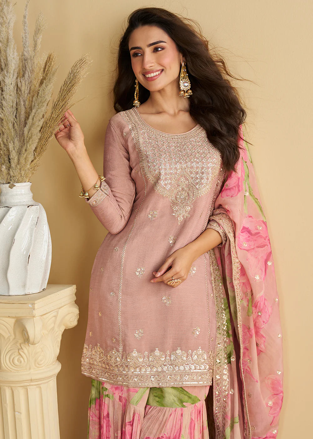 Designer Mauve Chinon Silk Sharara Suit for Diwali & Bridesmaids