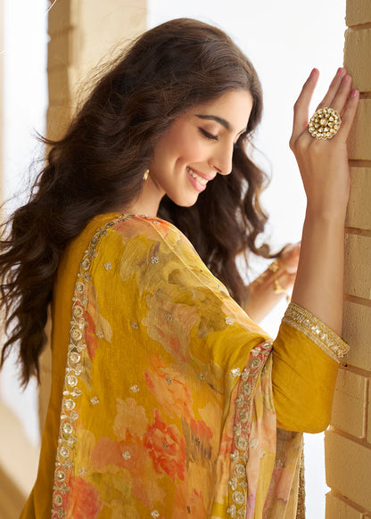 Designer Mustard Yellow Chinon Sharara Suit with Ombre Dupatta For Haldi Function