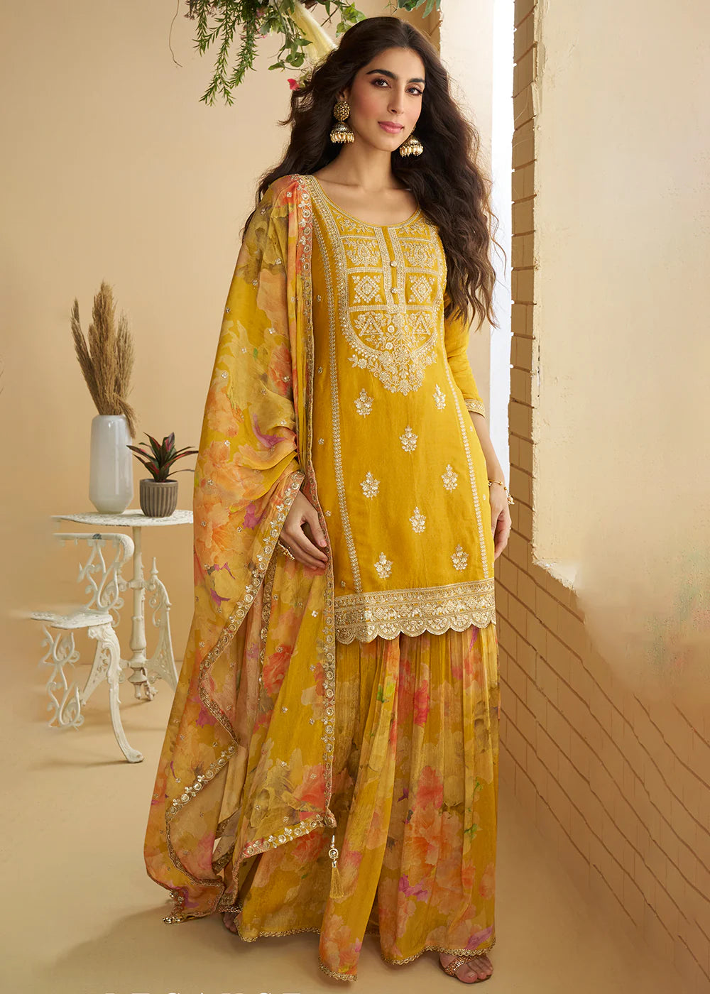Designer Mustard Yellow Chinon Sharara Suit with Ombre Dupatta For Haldi Function