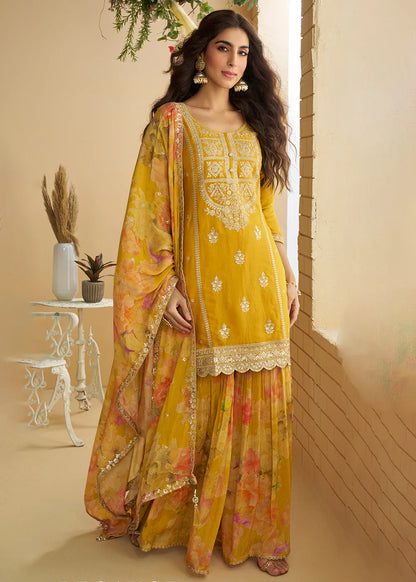 Designer Mustard Yellow Chinon Sharara Suit with Ombre Dupatta For Haldi Function