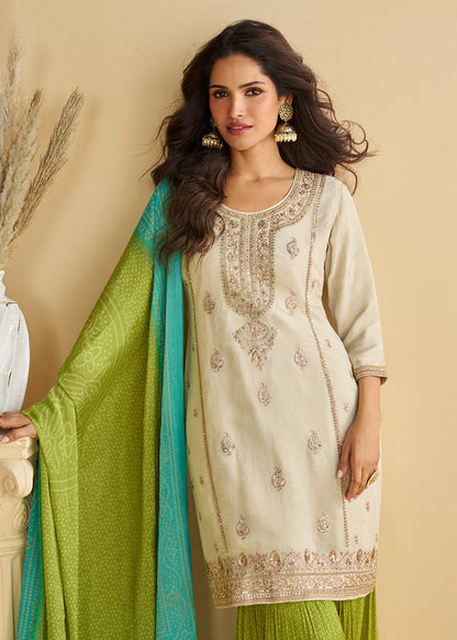 Cream and Green Chinon Sharara Suit With Dupatta For Indian Wedding and Pakistani Festival