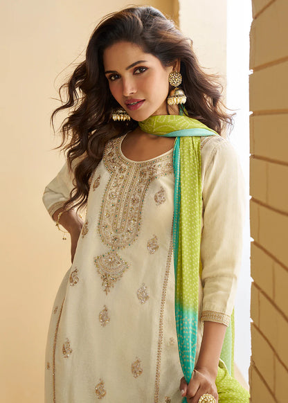 Cream and Green Chinon Sharara Suit With Dupatta For Indian Wedding and Pakistani Festival