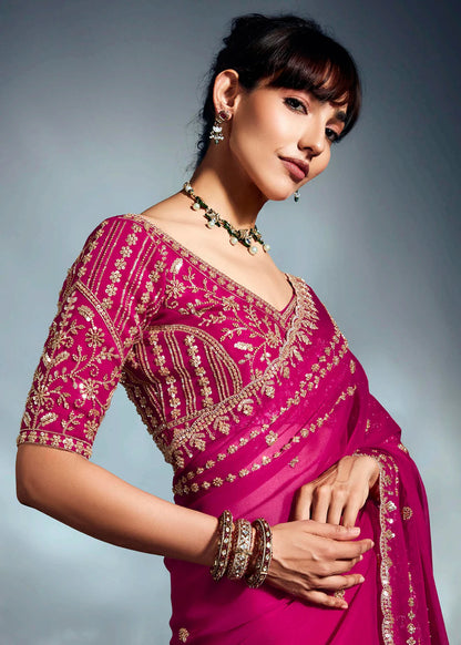 Party Wear Pink Organza Saree with Designer ReadyMade Blouse