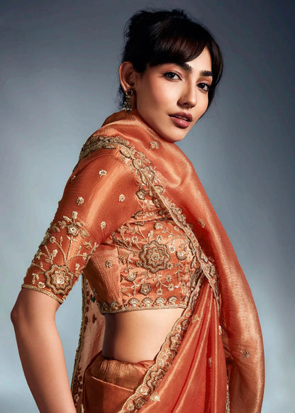 Designer Orange Silk Saree with Zari Embroidery and Readymade Blouse For Indian Wedding