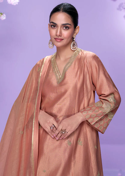 Peach Roman Silk Long Kurta Palazzo Suit for Indian Wedding and Pakistani Festival