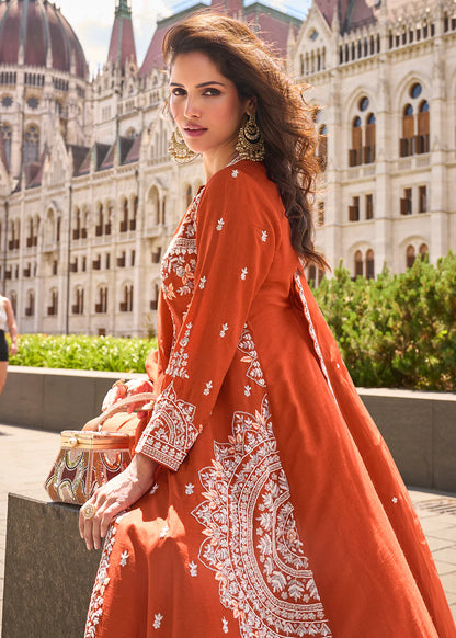 Rust Orange Organza Silk Slit Kurta With Palazzo Set for Indian Wedding and Pakistani Festival