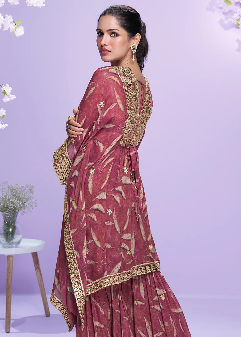 Designer Deep Maroon Georgette Kaftan Sharara Suit For Indian Wedding and Pakistani Festival