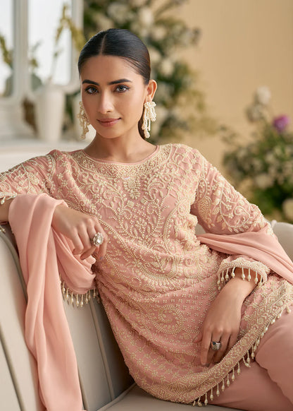 Peach Georgette Embroidered Pant Style Suit With Dupatta For Indian Wedding and Pakistani Festival