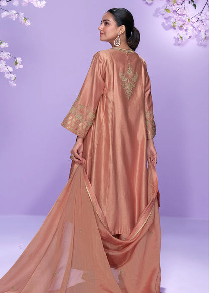 Peach Roman Silk Long Kurta Palazzo Suit for Indian Wedding and Pakistani Festival