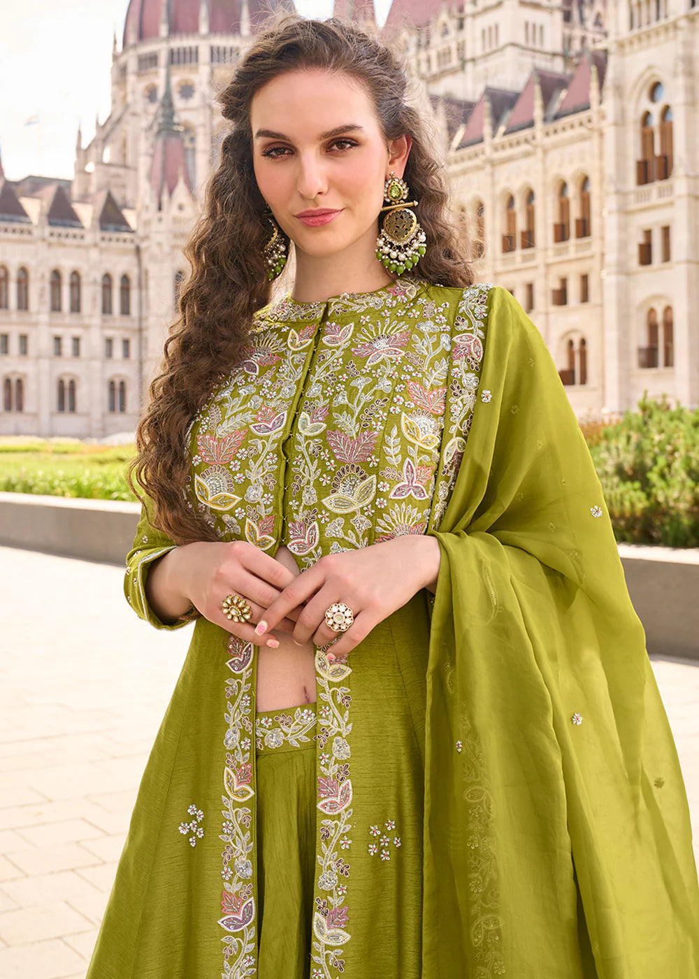 Olive Green Organza Silk Slit Kurta With Palazzo Set for Indian Wedding and Pakistani Festival