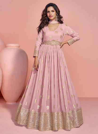 Dusty Pink Jacquard Silk Anarkali Gown For Indian Wedding and Pakistani Party Wear