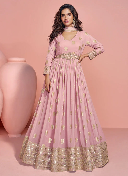 Dusty Pink Jacquard Silk Anarkali Gown For Indian Wedding and Pakistani Party Wear
