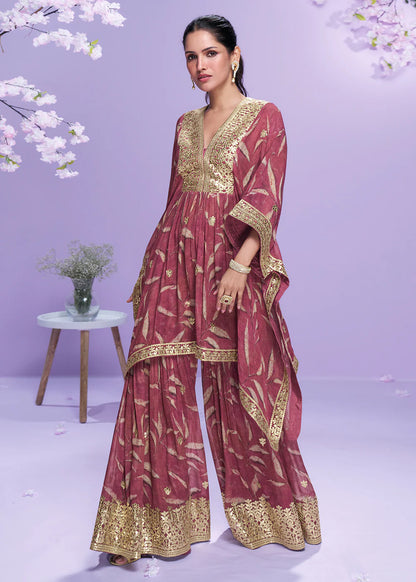 Designer Deep Maroon Georgette Kaftan Sharara Suit For Indian Wedding and Pakistani Festival