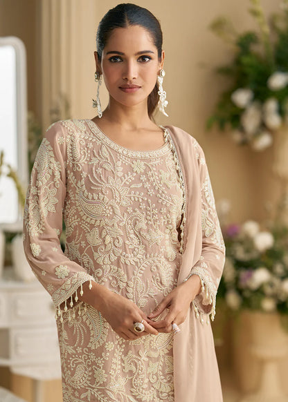 Beige Georgette Embroidered Pant Style Suit With Dupatta For Indian Wedding and Pakistani Festival