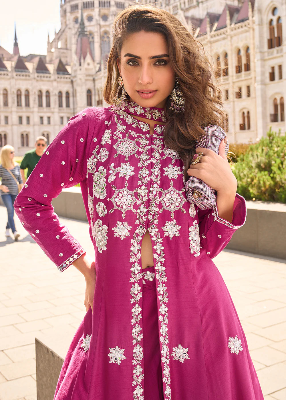 Magenta Organza Silk Slit Kurta With Palazzo Set for Indian Wedding and Pakistani Festival