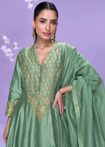 Mint Green Roman Silk Long Kurta Palazzo Suit for Indian Wedding and Pakistani Festival