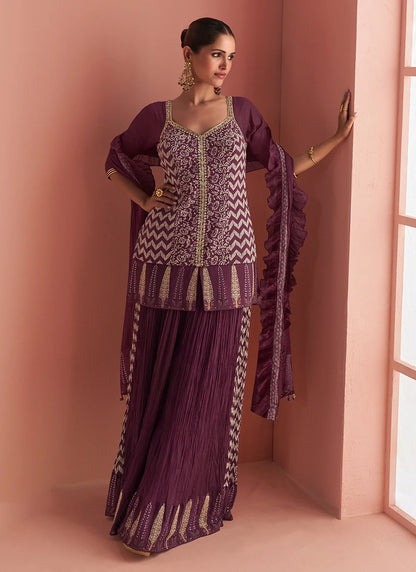 Designer Wine Chinon Silk Embroidered Palazzo Suit with Dupatta For Indian Wedding and Pakistani Festival