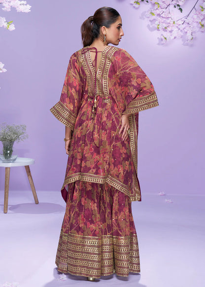 Designer Reddish Georgette Kaftan Sharara Suit For Indian Wedding and Pakistani Festival