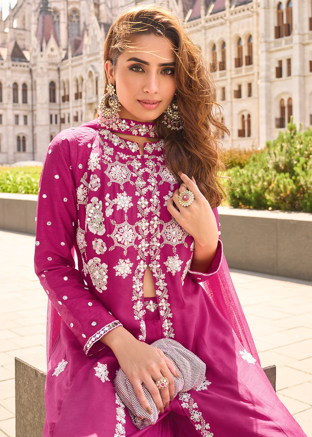 Magenta Organza Silk Slit Kurta With Palazzo Set for Indian Wedding and Pakistani Festival