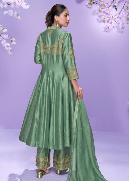 Mint Green Roman Silk Long Kurta Palazzo Suit for Indian Wedding and Pakistani Festival