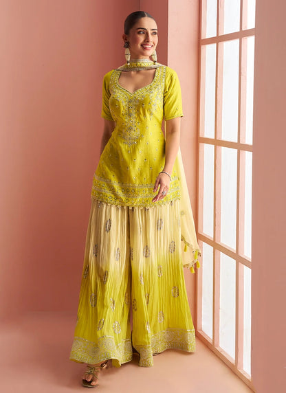 Designer Lemon Yellow Chinon Silk Embroidered Palazzo Suit with Dupatta For Indian Wedding and Pakistani Festival
