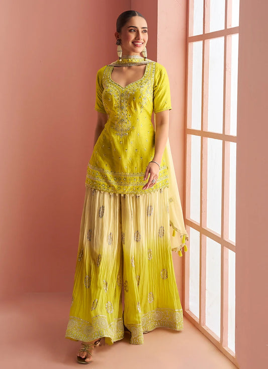 Designer Lemon Yellow Chinon Silk Embroidered Palazzo Suit with Dupatta For Indian Wedding and Pakistani Festival