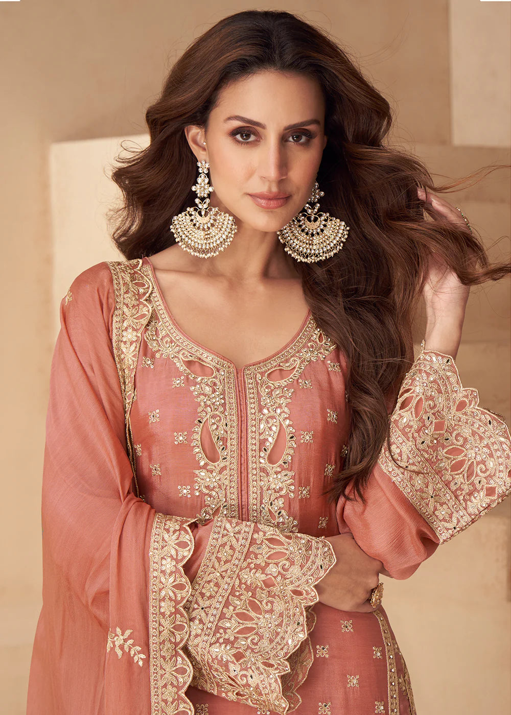 Peach Chinon Silk Palazzo Suit with Dupatta For Punjabi Wedding