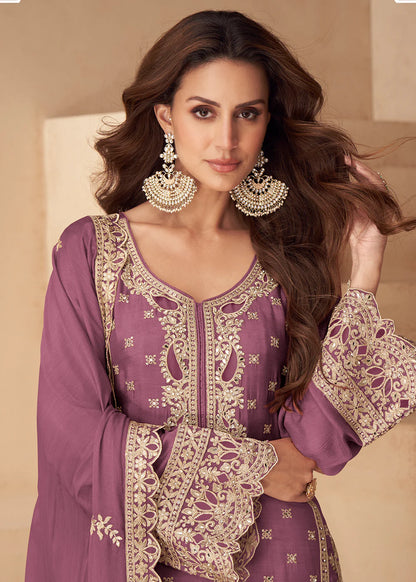 Designer Mauve Chinon Silk Palazzo Suit for Diwali & Weddings