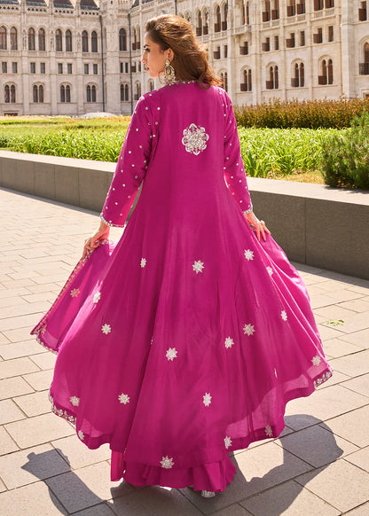 Magenta Organza Silk Slit Kurta With Palazzo Set for Indian Wedding and Pakistani Festival