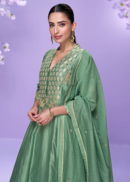 Mint Green Roman Silk Long Kurta Palazzo Suit for Indian Wedding and Pakistani Festival