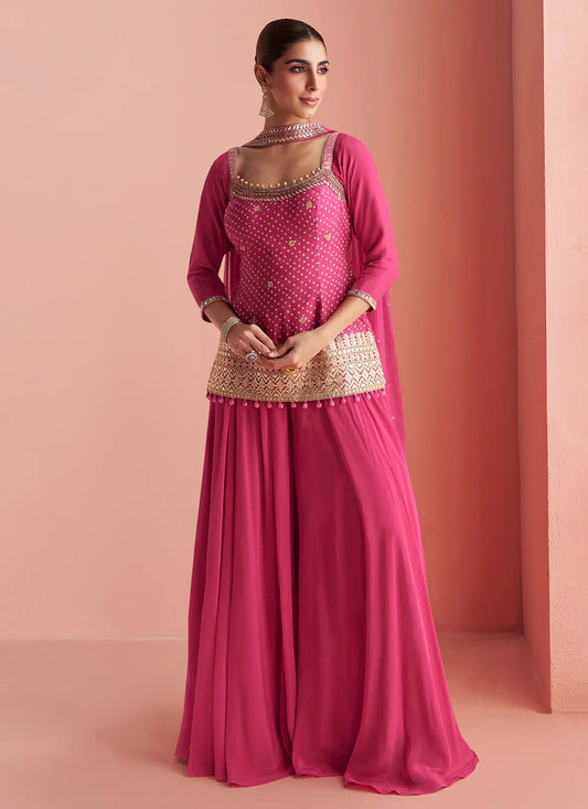 Designer Magenta Pink Chinon Silk Embroidered Palazzo Suit with Dupatta For Indian Wedding and Pakistani Festival