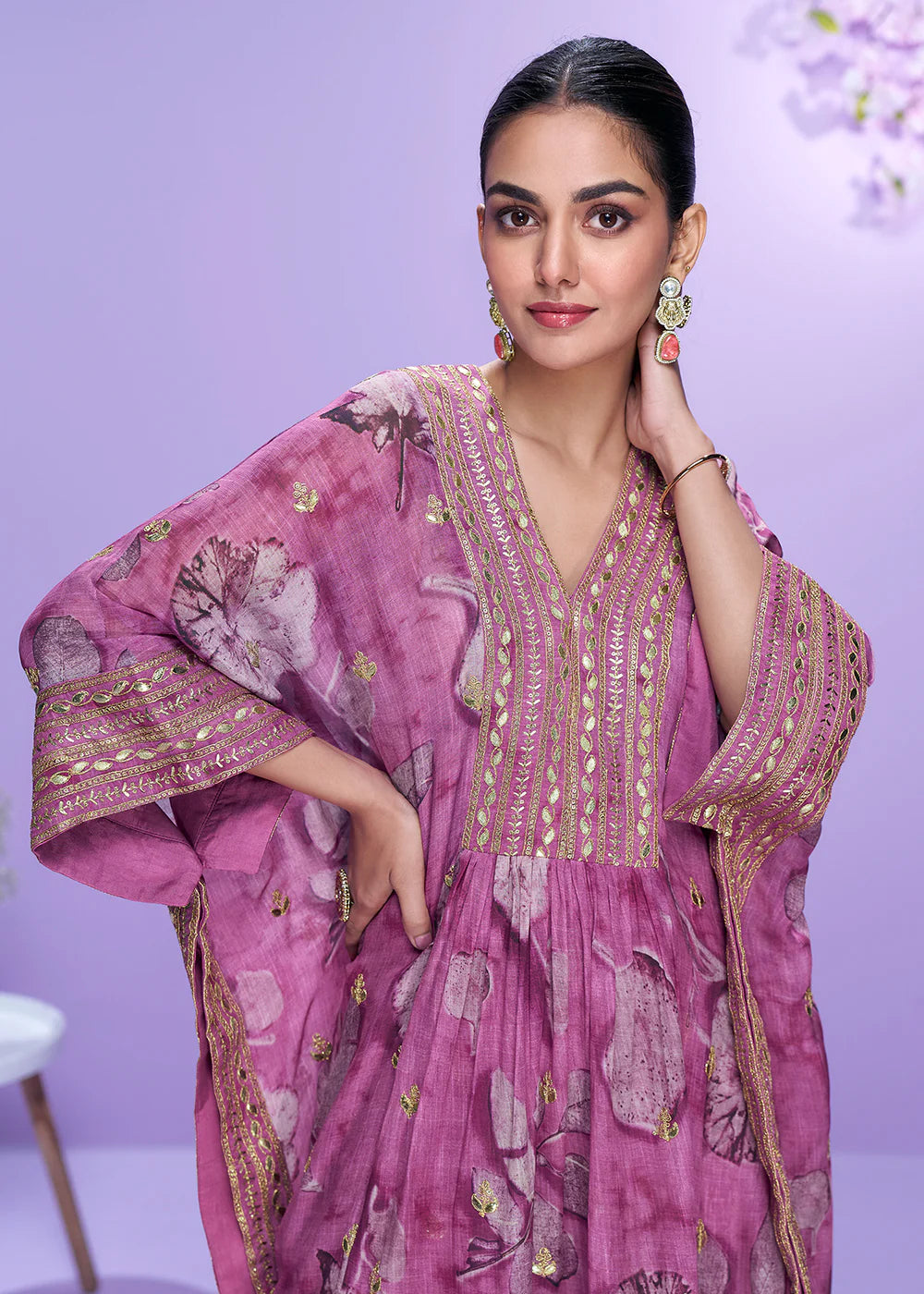 Designer Dusty Pink Floral Georgette Kaftan Sharara Suit For Indian Wedding and Pakistani Festival