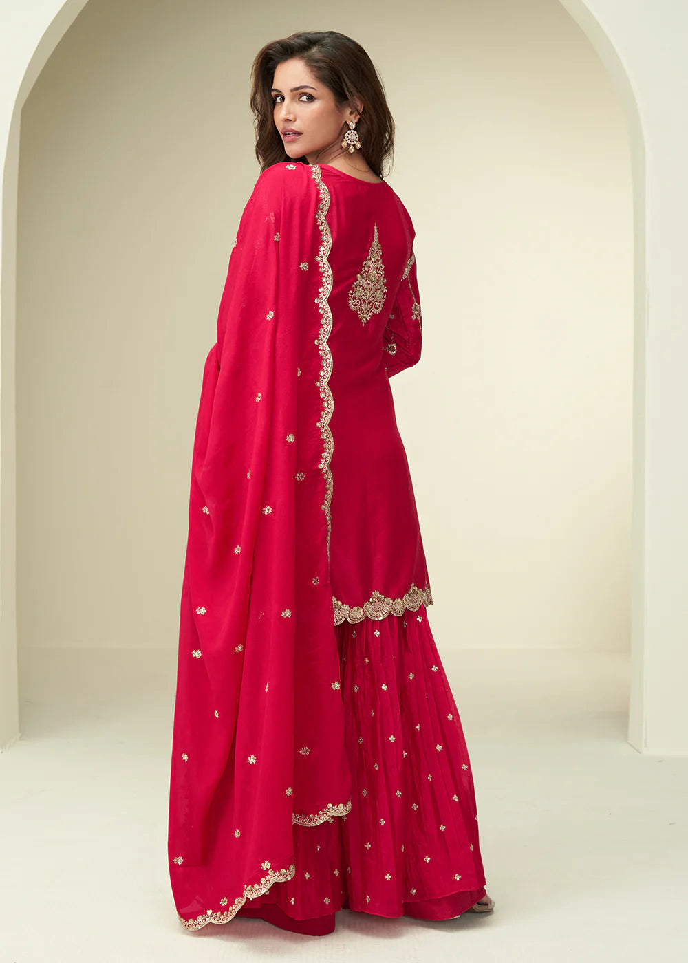 Red Chinon Embroidered Sharara Suit For Indian Wedding and Pakistani Festival