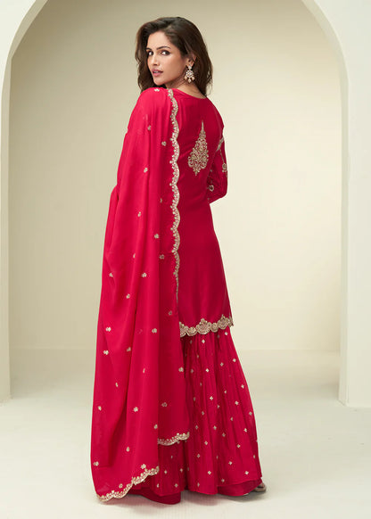 Red Chinon Embroidered Sharara Suit For Indian Wedding and Pakistani Festival