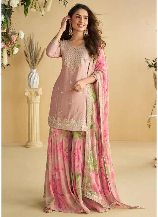 Designer Mauve Chinon Silk Sharara Suit for Diwali & Bridesmaids