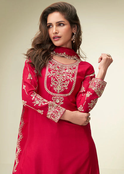 Red Chinon Embroidered Sharara Suit For Indian Wedding and Pakistani Festival