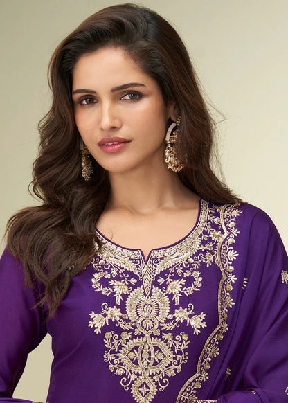 Purple Chinon Embroidered Sharara Suit For Indian Wedding and Pakistani Festival