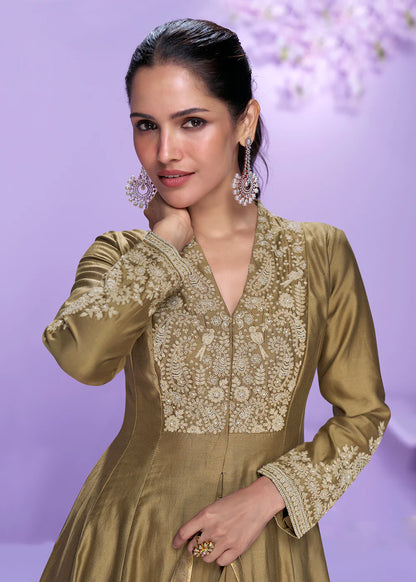Olive Green Roman Silk Long Kurta Palazzo Suit for Indian Wedding and Pakistani Festival