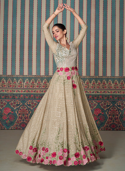 Beige Chinon Silk Embroidered Gown with Long Sleeves - Perfect for Indian Weddings and Pakistani Festive Celebrations - Floral Detailing and Elegant Design