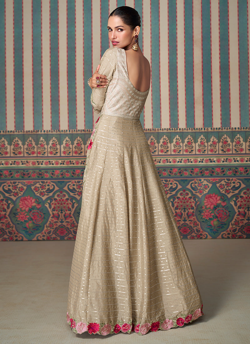 Beige Chinon Silk Embroidered Gown with Long Sleeves - Perfect for Indian Weddings and Pakistani Festive Celebrations - Floral Detailing and Elegant Design