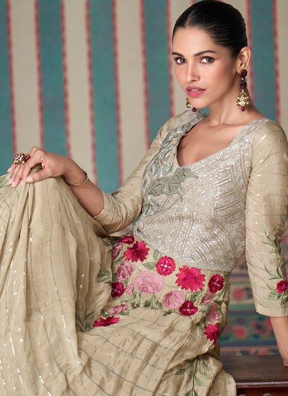 Beige Chinon Silk Embroidered Gown with Long Sleeves - Perfect for Indian Weddings and Pakistani Festive Celebrations - Floral Detailing and Elegant Design