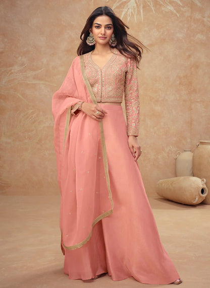 Designer Rose Peach Embroidered Simar Silk Co-ord Palazzo Set with Dupatta