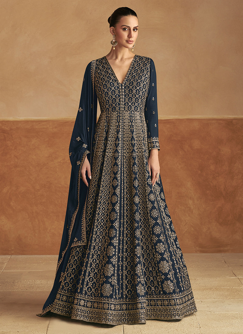 Shop online Navy Blue Chinnon Embroidered Anarkali Gown with Dupatta 