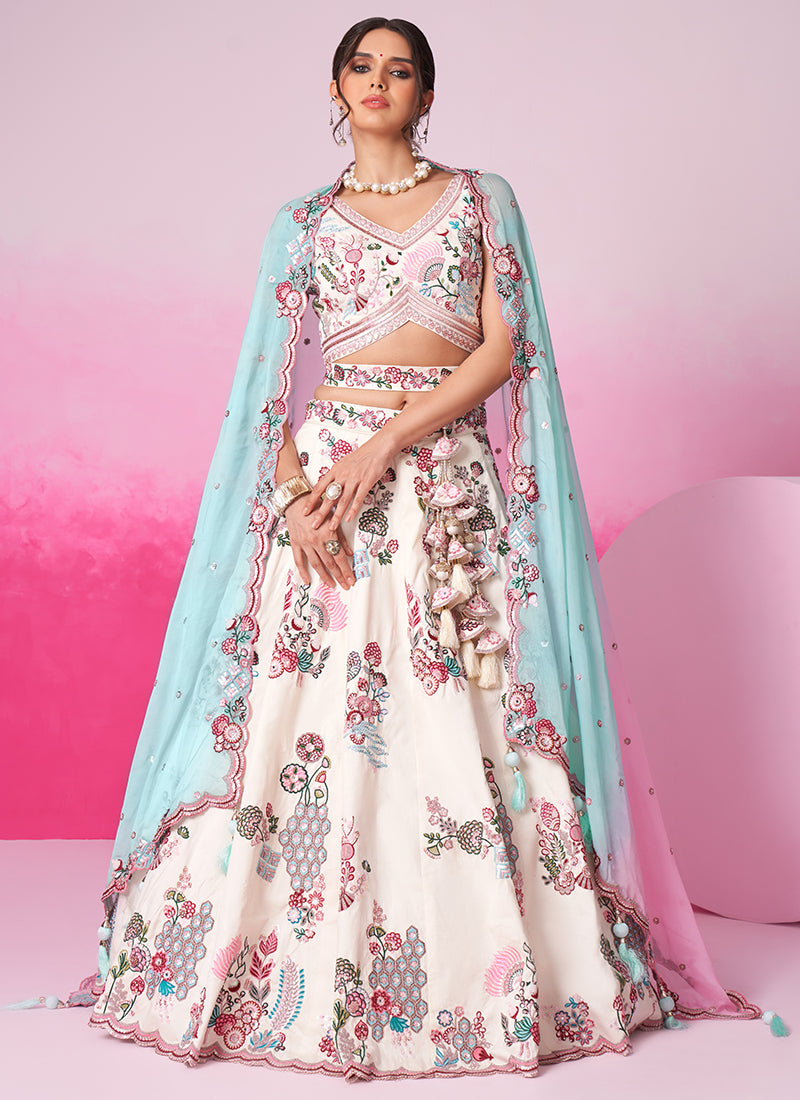 Luxurious Cream Silk Lehenga Choli with Sequins