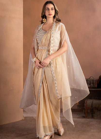 Champagne Beige Pre-Draped Saree with Lace & Silver Accents – Party Wear for Women and Girls