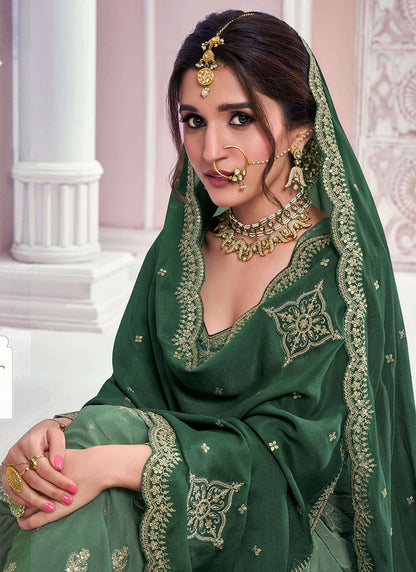 Green Chinnon Embroidered Sharara Suit with Dupatta for Indian Weddings and Pakistani Festivals