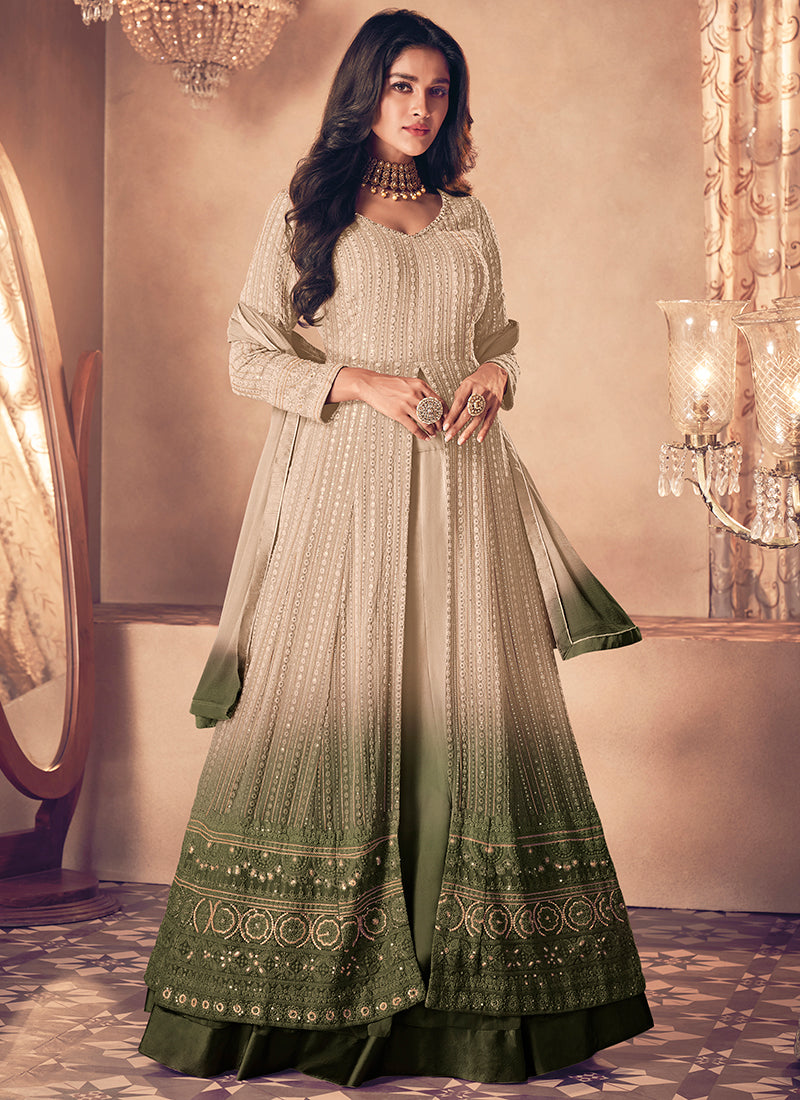 Shop Green Georgette Indo Western Lehenga with Dupatta for Indian and Pakistani Wedding and Festival 