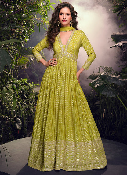 Lime Green Jacquard Silk Embroidered Anarkali Gown with Dupatta for Indian Wedding and Pakistani Festival