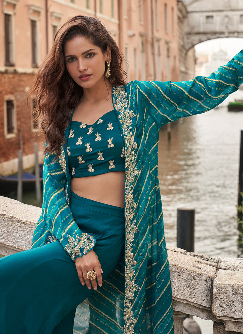 Teal Blue Indo Western Jacket Style Chinon Palazzo Suit with Embroidered Blouse